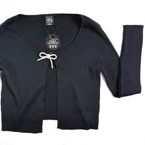 FCT WITH LOVE Black Ribbed Cropped Cardigan Rhinestone Bow J7M0894S XL NWT